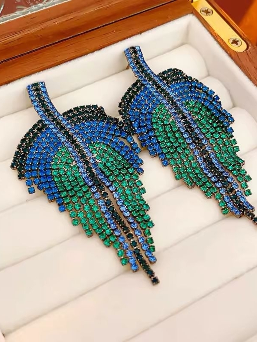 Blue and Green Crystal Fringe Leaf Earrings - Picture 2 of 6